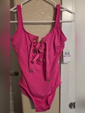 Michael Kors Hot Pink Lace-Up One-Piece Swimsuit